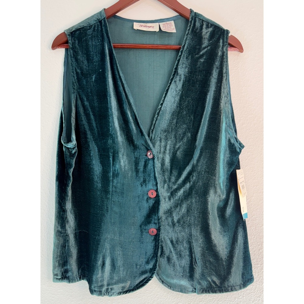 Vintage 90s Deadstock Worthington Green Velvet Vest Button Front Size 14 Fairy
